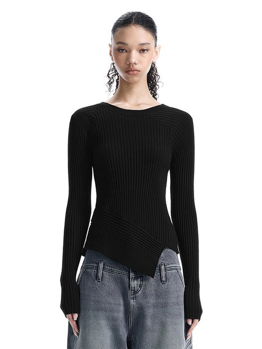 Wconcept_Treemingbird Asymmetric Ribbed Knit Top [ Black ]