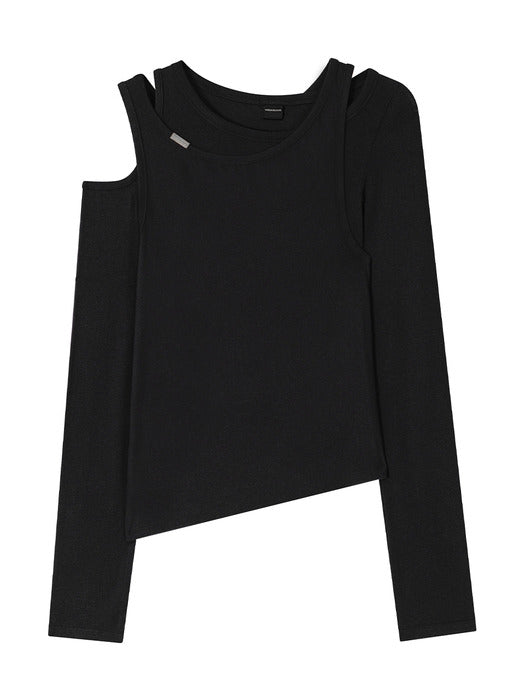 Wconcept_Treemingbird Double-Layer Cutout Long Sleeve [ Black ]