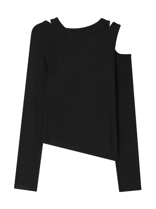 Wconcept_Treemingbird Double-Layer Cutout Long Sleeve [ Black ]