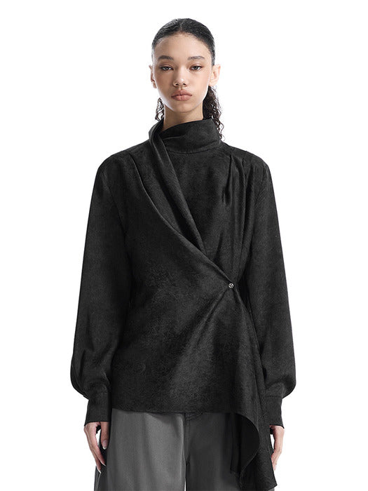 Wconcept_Treemingbird Draped High-Neck Blouse [ Black ]