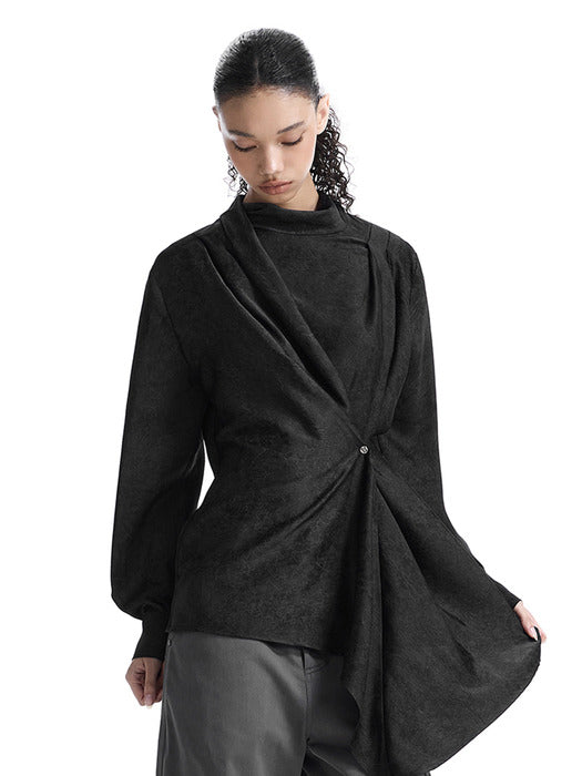 Wconcept_Treemingbird Draped High-Neck Blouse [ Black ]