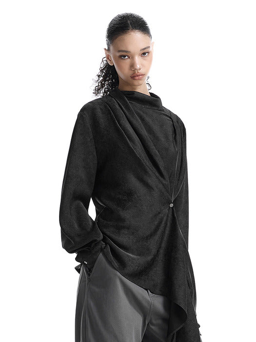Wconcept_Treemingbird Draped High-Neck Blouse [ Black ]