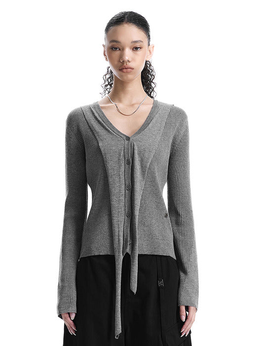 Wconcept_Treemingbird V-Neck Scarf Knit Cardigan [ Melange Gray ]