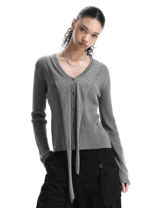 Wconcept_Treemingbird V-Neck Scarf Knit Cardigan [ Melange Gray ]
