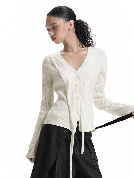Wconcept_Treemingbird V-Neck Scarf Knit Cardigan [ Ivory ]