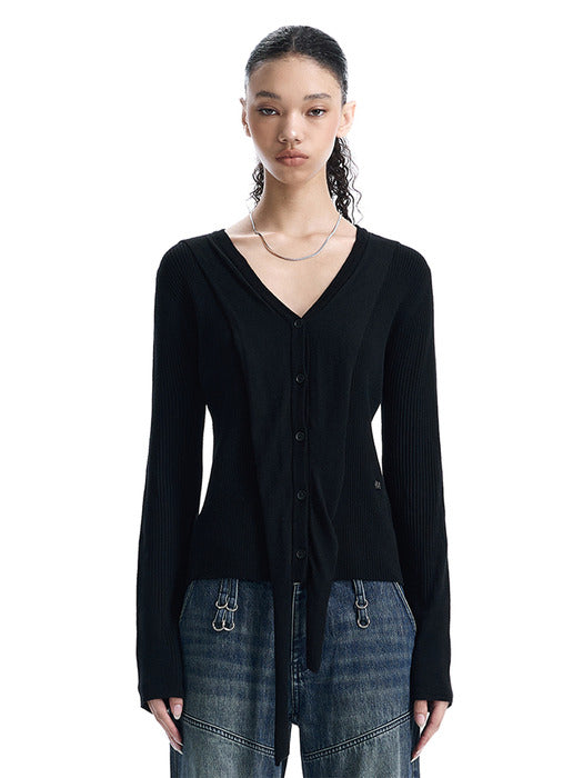 Wconcept_Treemingbird V-Neck Scarf Knit Cardigan [ Black ]