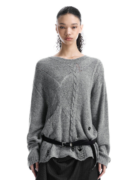 Wconcept_Treemingbird Distressed Cable-Knit Top [ Gray ]