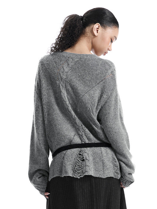 Wconcept_Treemingbird Distressed Cable-Knit Top [ Gray ]