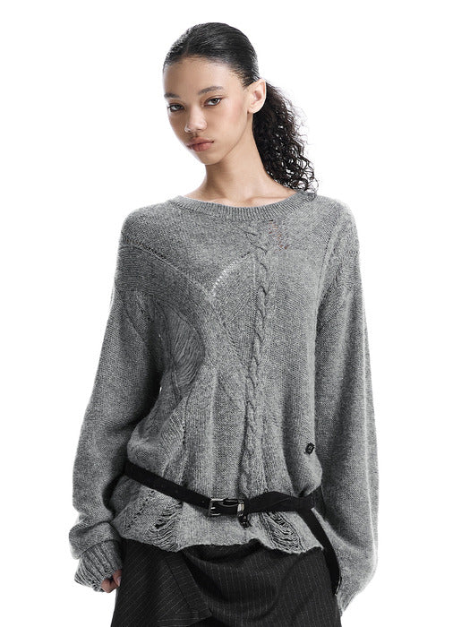 Wconcept_Treemingbird Distressed Cable-Knit Top [ Gray ]