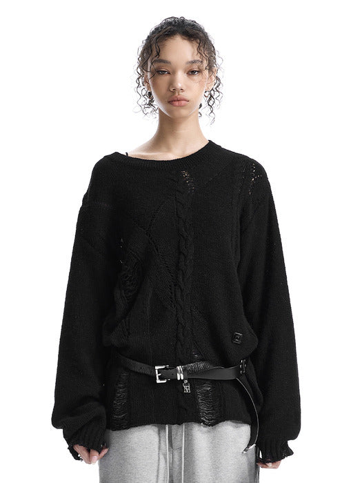 Wconcept_Treemingbird Distressed Cable-Knit Top [ Black ]