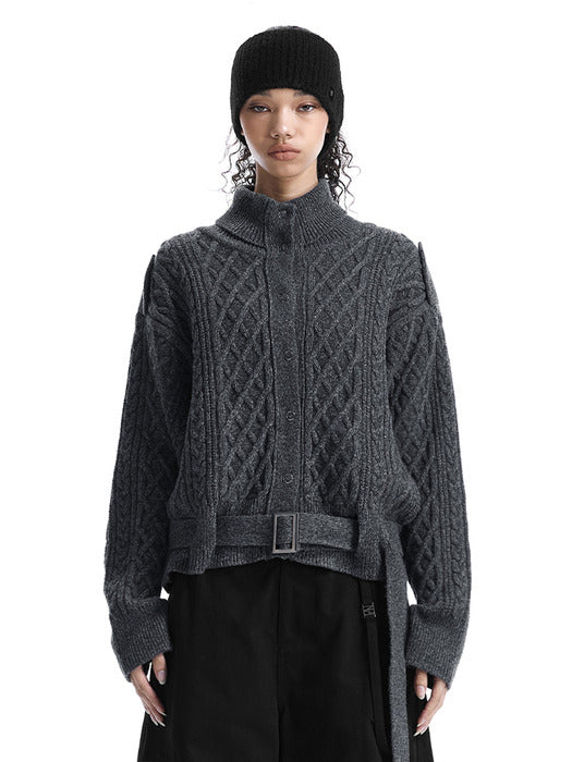 Wconcept_Treemingbird Belted Fisherman Knit Jacket [ Charcoal ]