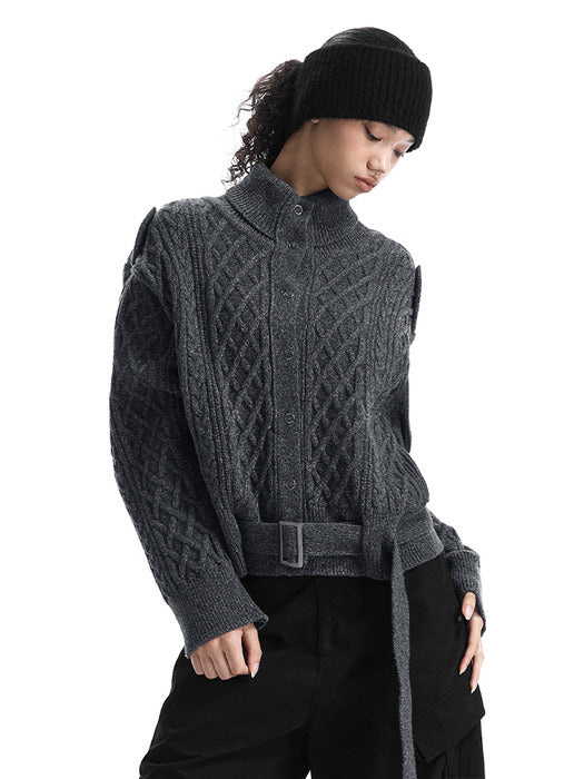Wconcept_Treemingbird Belted Fisherman Knit Jacket [ Charcoal ]