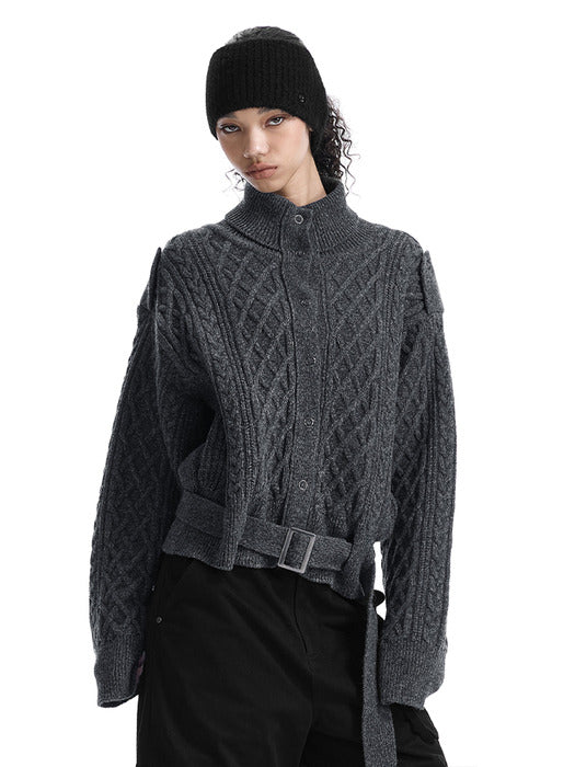 Wconcept_Treemingbird Belted Fisherman Knit Jacket [ Charcoal ]