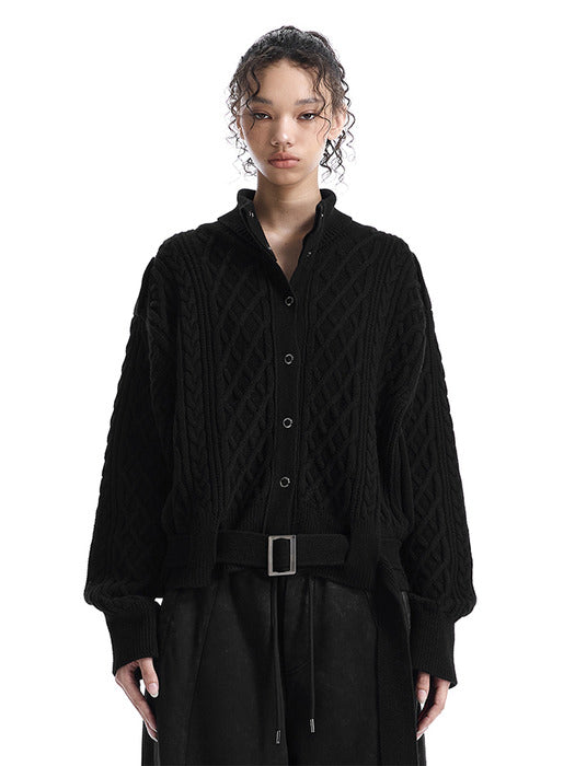 Wconcept_Treemingbird Belted Fisherman Knit Jacket [ Black ]