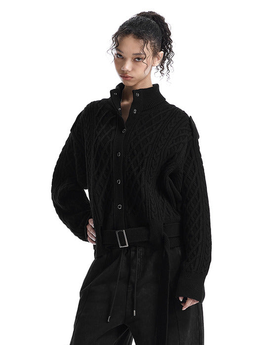 Wconcept_Treemingbird Belted Fisherman Knit Jacket [ Black ]