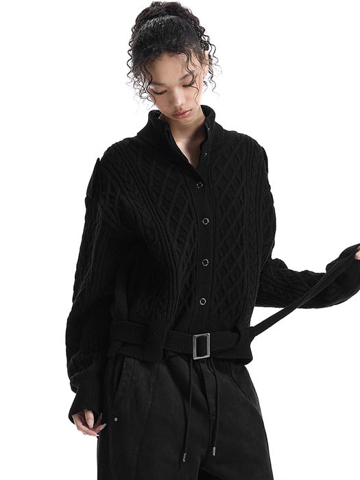 Wconcept_Treemingbird Belted Fisherman Knit Jacket [ Black ]