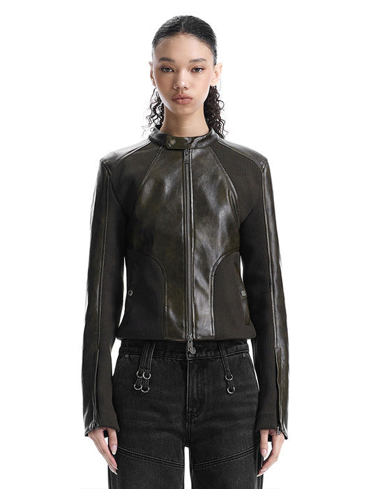 Wconcept_Treemingbird Rib Pannel Slim Fit Leather Jacket [ Brown ]