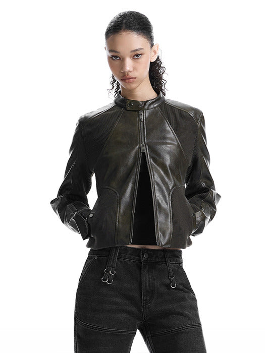 Wconcept_Treemingbird Rib Pannel Slim Fit Leather Jacket [ Brown ]