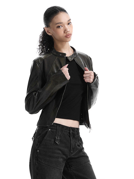 Wconcept_Treemingbird Rib Pannel Slim Fit Leather Jacket [ Brown ]