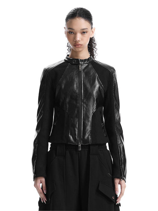 Wconcept_Treemingbird Rib Pannel Slim Fit Leather Jacket [ Black ]
