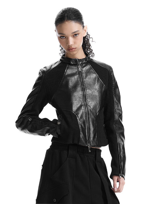Wconcept_Treemingbird Rib Pannel Slim Fit Leather Jacket [ Black ]