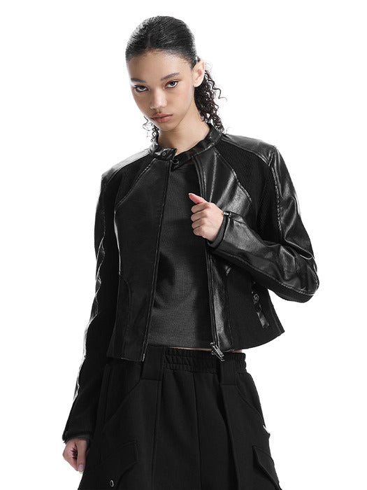 Wconcept_Treemingbird Rib Pannel Slim Fit Leather Jacket [ Black ]