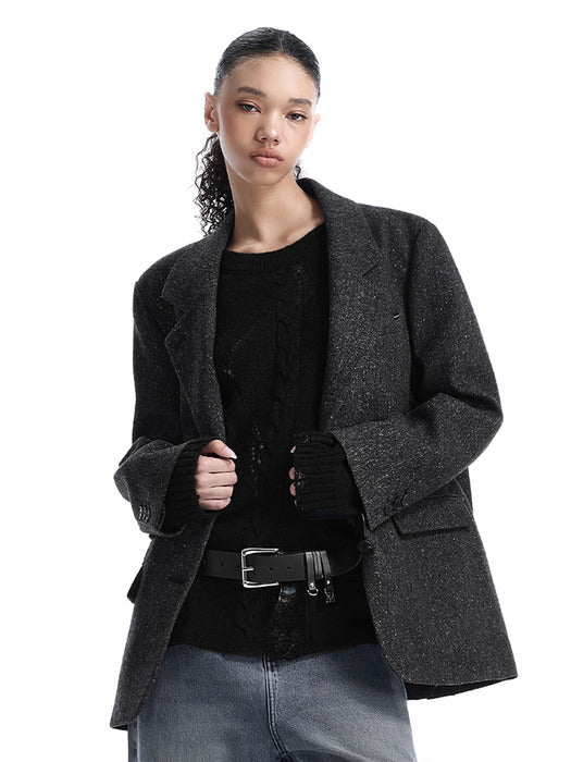 Wconcept_Treemingbird Back-Button Oversized Wool Blazer [ Charcoal ]
