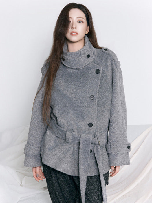 Wconcept_Treemingbird High-Neck Convertible Belted Half Coat [ Gray ]