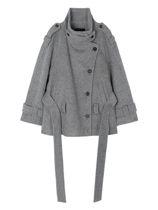 Wconcept_Treemingbird High-Neck Convertible Belted Half Coat [ Gray ]
