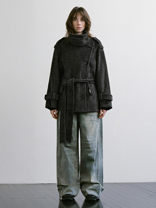 Wconcept_Treemingbird High-Neck Convertible Belted Half Coat [ Charcoal ]