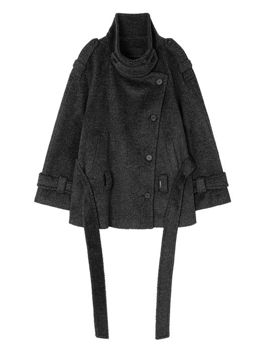 Wconcept_Treemingbird High-Neck Convertible Belted Half Coat [ Charcoal ]