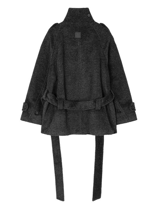 Wconcept_Treemingbird High-Neck Convertible Belted Half Coat [ Charcoal ]