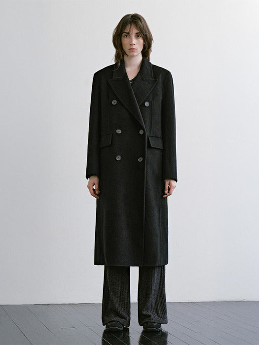 Wconcept_Treemingbird Peaked-Lapel Double-Breasted Handmade Coat [ Black ]