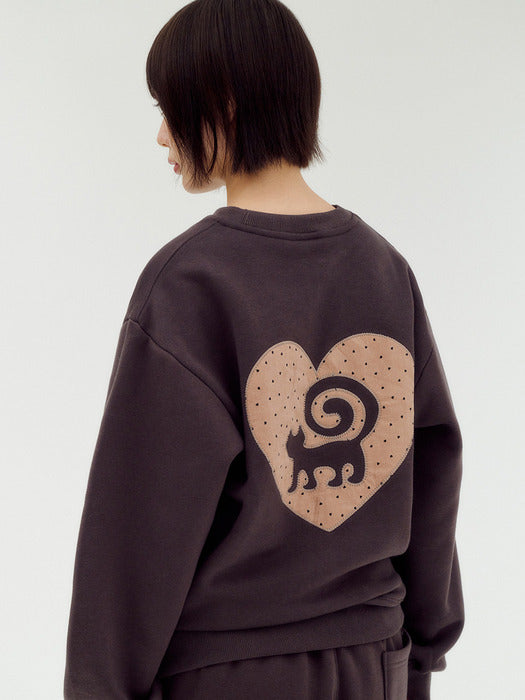 Ambler Warm Heart Cat Applique Sweatshirts (Dark Brown)