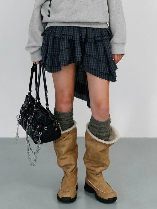 Instantfunk Raw Edge Check Tiered Skirt - Navy