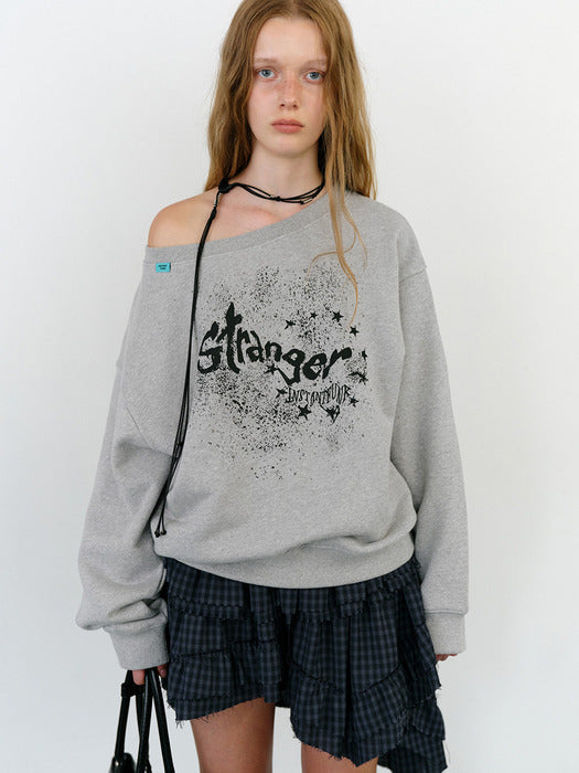 Instantfunk Graphic Scoop Neck Off Shoulder Sweatshirts - Melange Grey