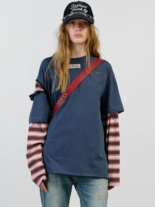 Instantfunk Layered Sleeve Stripe T Shirt - Navy