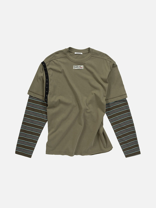 Instantfunk Layered Sleeve Stripe T Shirt - Khaki