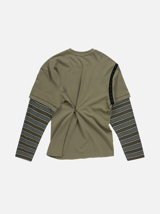 Instantfunk Layered Sleeve Stripe T Shirt - Khaki