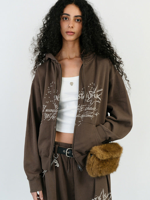 Instantfunk Washed Graphic Zip UP Hoodie - Brown