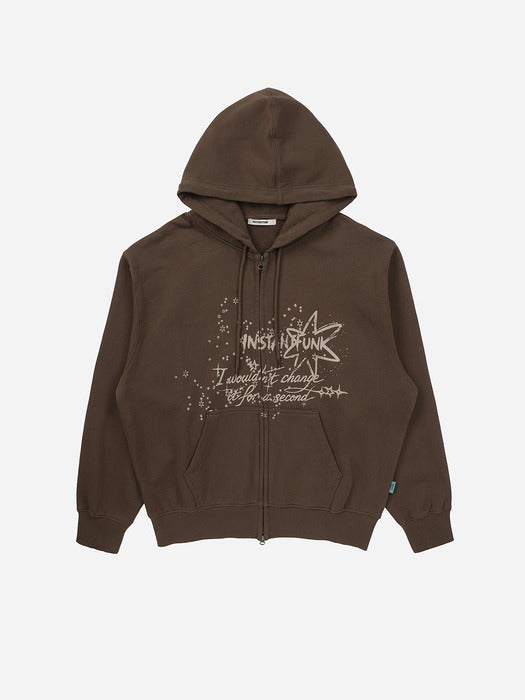 Instantfunk Washed Graphic Zip UP Hoodie - Brown