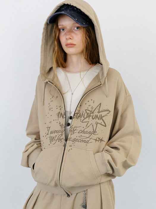 Instantfunk Washed Graphic Zip Up Hoodie - Beige