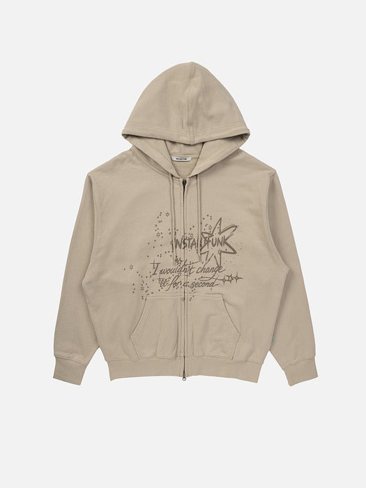 Instantfunk Washed Graphic Zip Up Hoodie - Beige