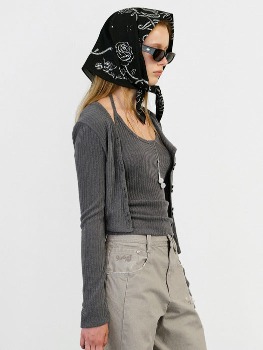 Instantfunk Rib Halter Cardigan Set UP - Charcoal