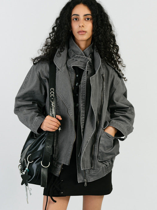 Instantfunk Layered Collar Rider Jacket - Grey
