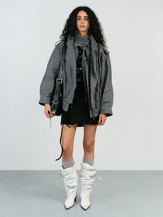 Instantfunk Layered Collar Rider Jacket - Grey