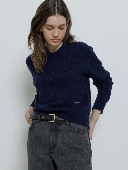 Depound cashmere blend collar cable pullover - navy