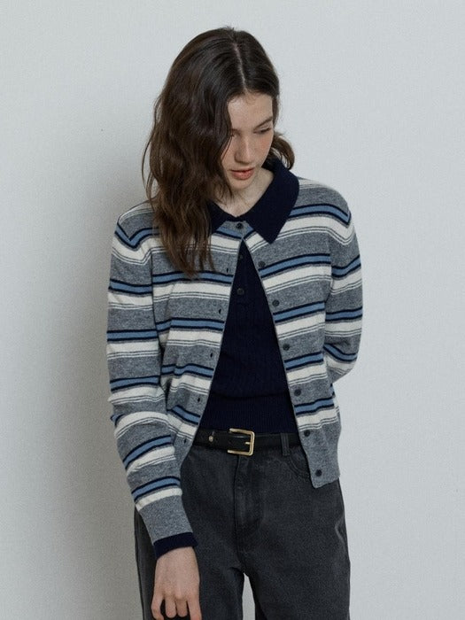 Depound wool stripe knit cardigan - grey
