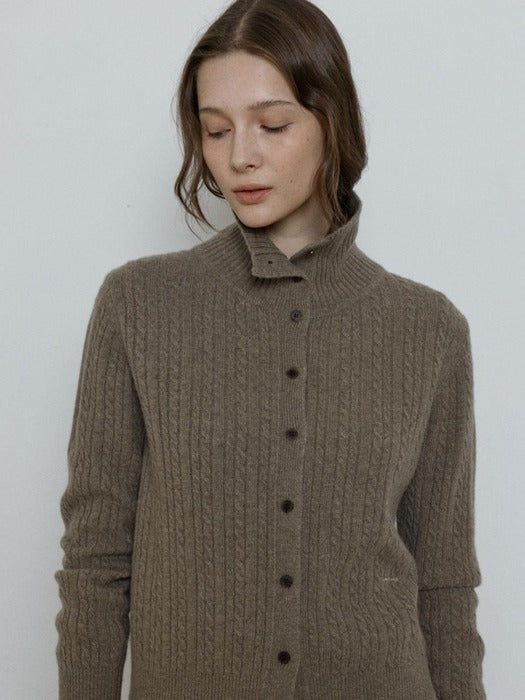 Depound cashmere blend high neck cable cardigan - khaki beige