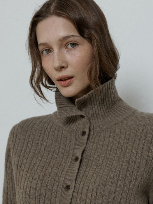 Depound cashmere blend high neck cable cardigan - khaki beige